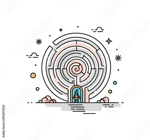 Minoan legends labyrinth mystery centered on a stylized spiral maze with a small heroic figure at the entrance, expressing ancient myth, courage, and hidden