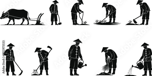 Silhouette illustration of traditional farming activities with buffalo plowing, planting, weeding, harvesting, watering, and crop cutting, representing rural agriculture and countryside lifestyle