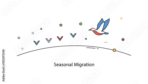 Migratory birds seasonal journey concept with a single bird in flight leading a small V shaped formation across a subtle curved line suggesting the horizon,
