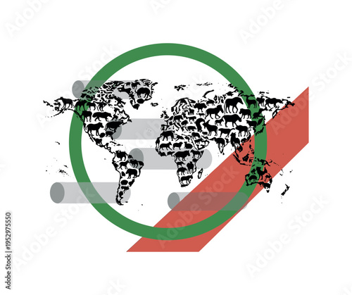 Black and white abstract map merging with silhouettes of animals across continents, oversized forest green circular frame anchoring the composition, terracotta