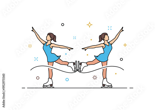 Figure skating dance program concept shown as a pair of skaters connected by a curved line beneath their blades, conveying fluid choreography and competitive