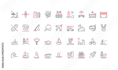Water sports and surf waves, summer beach activity, swimming and fishing, surfing line icon set. Waterski, speedboat and sailboat, yacht thin black and red outline symbols vector illustration