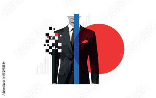 Black and white retro businessperson torso cropped at shoulders, split vertically by a bold blue line, on one side small geometric blocks, on the other side a