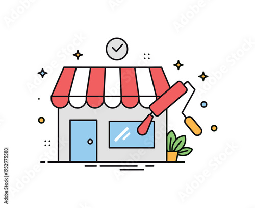 Business rebranding transition showing a minimal storefront icon with a paint roller adding a fresh accent color, expressing renewal and updated identity. The