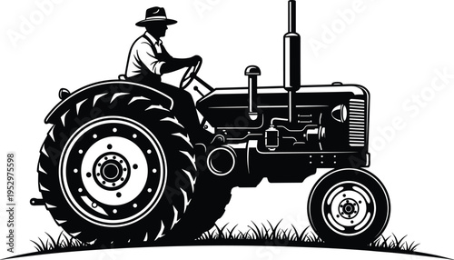 Silhouette of farmer driving tractor on grass field, representing rural agriculture, farm machinery, cultivation, and traditional agricultural lifestyle illustration for farming heritage