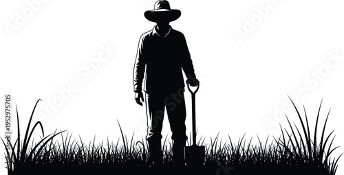 Silhouette of farmer standing in tall grass holding shovel, representing rural agriculture, manual labor, outdoor farming lifestyle, and traditional cultivation heritage illustration