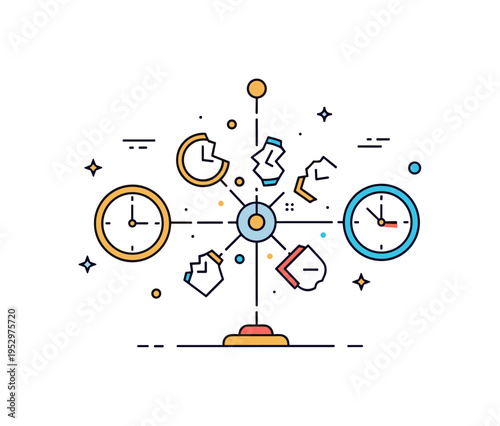 Broken timeline fragmented clock pieces floating around a central axis with thin connecting lines, symbolizing disrupted continuity and unstable temporal flow.
