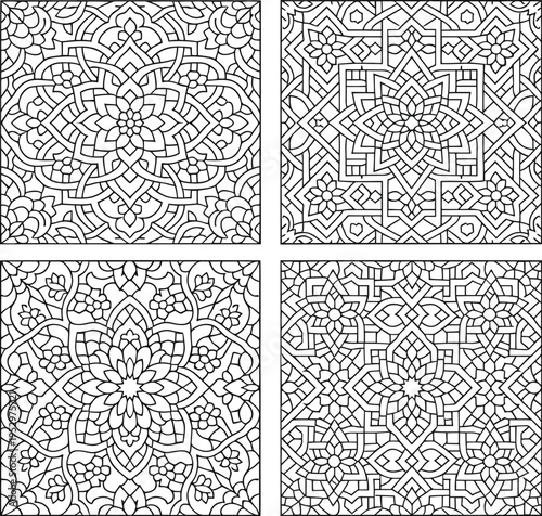 Mandala patterns, geometric designs, black and white, vector illustrations, coloring book pages, 4 tile set