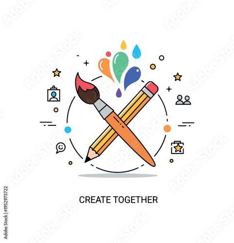 Creative energy in shared art studio symbolized by a large paintbrush and pencil crossed at the center with colorful paint drops forming a soft circular badge.