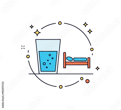 Post-surgery recovery care rest and hydration idea represented by a glass of water and a small bed icon framed within a soft circular outline, expressing