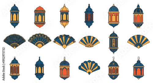 Ornate Islamic Lanterns and Decorative Hand Fans Collection.