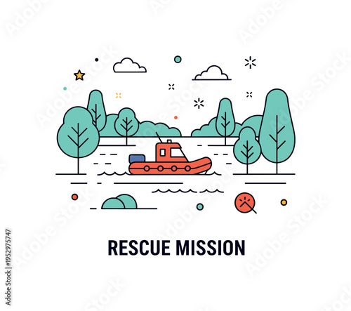 Flooded valley emergency response concept featuring a small rescue boat navigating calm floodwaters between minimal tree silhouettes, expressing support and