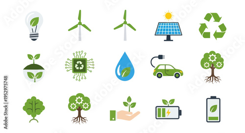 Collection of Eco-Friendly Technology and Nature Icons.