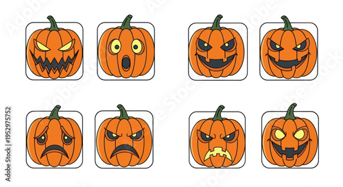 Collection of Halloween Pumpkin Faces with Various Expressions.