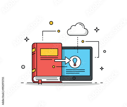 Digital library transformation expressed by a traditional book merging into a tablet screen with a small cloud icon above, representing the shift from print to