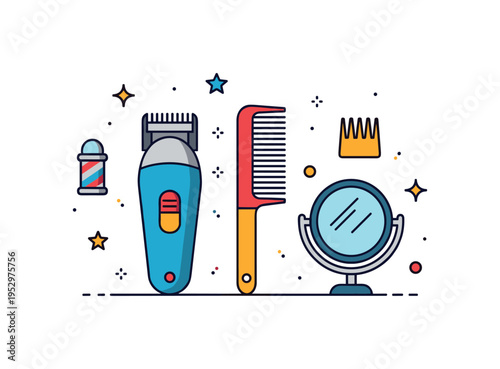 Barbershop grooming essentials featuring a beard trimmer, comb, and small mirror arranged as a neat badge expressing precision and daily maintenance. Balanced