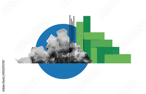 Black and white image of crushed recycled plastic fragments arranged centrally, large blue circle behind as structural base, abstract green rectangles stacked