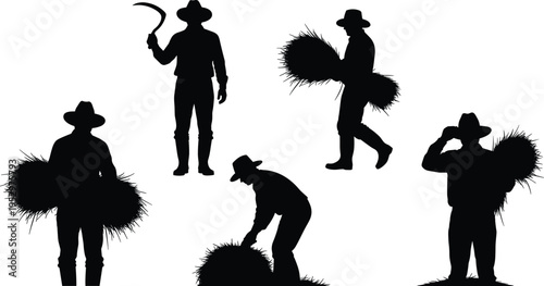 Silhouette Set of Traditional Farmers Harvesting Crops with Sickles and Carrying Hay Bundles for Agricultural Industry Concept Isolated on White Background