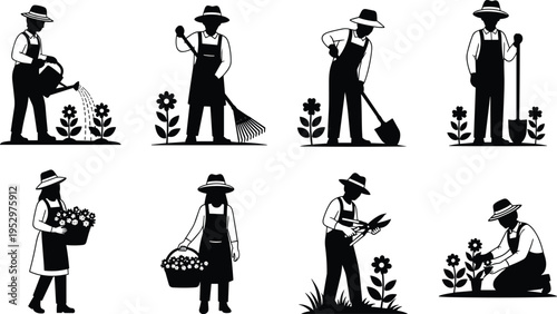 Silhouettes of gardeners with rake, shovel, watering can, basket, and shears, tending flowers and plants, representing horticulture, gardening lifestyle, and plant care illustration