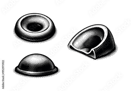 Common octopus sucker, single octopus sucker shown from top view, side view, and angled cutaway-like view emphasizing form and depth. Black and white dot style