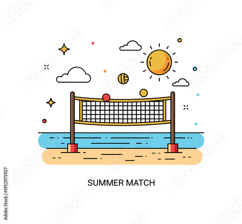 Beach sports in June sunny shoreline scene with a simplified volleyball net set against a calm sea horizon and a bright sun overhead, expressing energetic