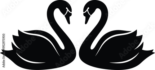Two swans heart silhouette vector illustration design, love partnership unity romantic art concept, black and white decorative creative collection