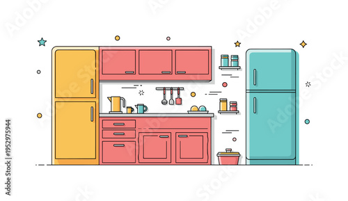 Color coordinated kitchen decor concept represented by matching cabinet doors and small accent items arranged harmoniously, expressing visual unity and