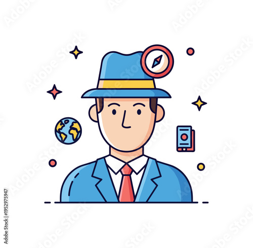 Explorer historical portrait concept featuring a confident figure with a small globe or compass icon detail, expressing curiosity and geographic discovery. The