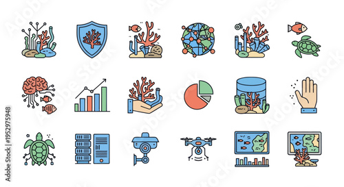 Diverse Icons Representing Marine Life Technology and Data Analysis.