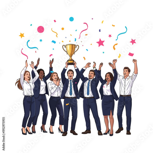 Celebrating a team victory with a trophy and confetti