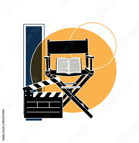 Black and white director?s chair with script resting on the seat, oversized warm yellow circle halo behind the chair back, deep navy rectangular accent offset