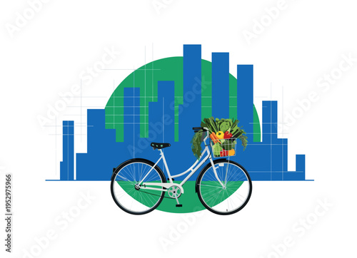 Black and white bicycle with basket full of vegetables in city setting, oversized emerald green circle anchoring composition, cobalt blue rectangular shapes