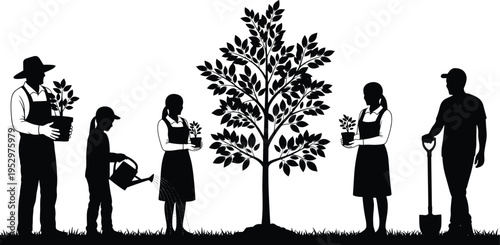 Silhouettes of people planting trees, watering, carrying plants, and digging with shovel, representing community gardening, environmental conservation, and rural horticulture lifestyle illustration