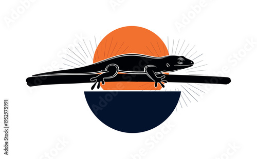 Black and white stylized lizard creeping along a branch, oversized bright orange circle behind the reptile?s torso, deep navy semicircle grounding the base,