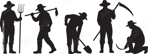 Traditional farmers silhouettes with pitchfork, hoe, shovel, scythe, and sickle in rural agricultural setting, showcasing manual farming tools and cultural heritage illustration