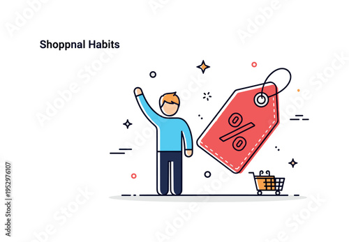 Shopping habits seasonal sales excitement concept showing a shopper with raised arm beside a bold discount tag icon. The scene expresses promotional influence