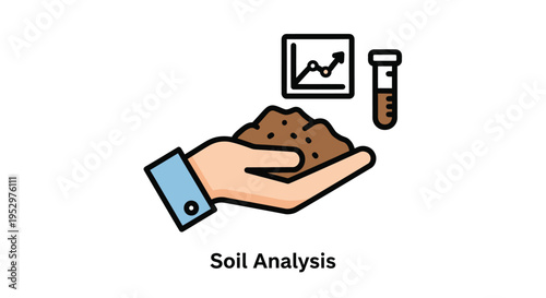 Hand holding soil sample with analysis graph and test tube.