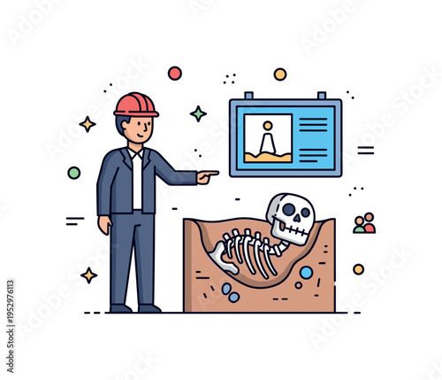 Guided paleontology tour expert silhouette pointing at a partially exposed skeleton with an information board nearby, symbolizing scientific interpretation and