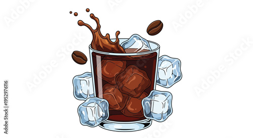 A refreshing glass of iced coffee with ice cubes and coffee beans on a white background