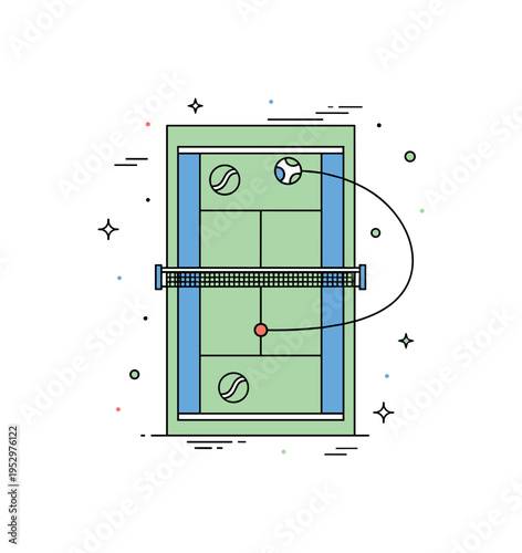 Tennis court strategy concept with a minimal top view court diagram and a single highlighted ball path curve. A clean editorial metaphor for tactics, planning,