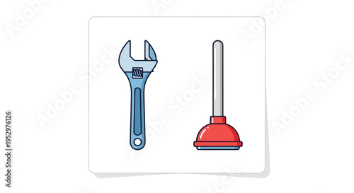 Adjustable wrench and red plunger essential plumbing and repair tools illustration.