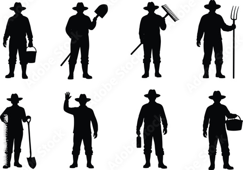 Silhouettes of farmers with shovel, rake, pitchfork, bucket, and tools, representing rural agriculture, manual labor, and traditional farming lifestyle illustration