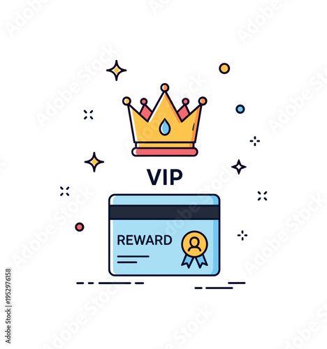VIP loyalty tier concept with a crown icon placed above a reward card symbolizing exclusive benefits and premium membership status. Tiny sparkle accents