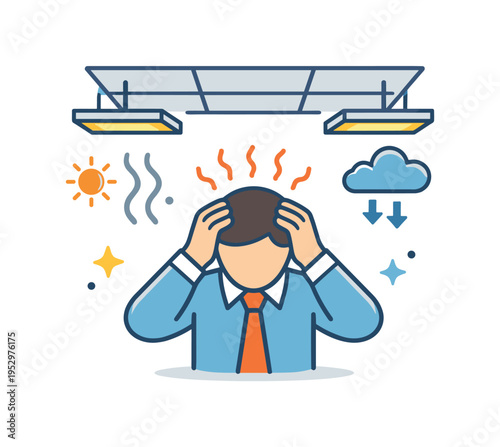 Office health concern represented by a worker holding their head beneath ceiling panels and lights, reflecting headaches, irritation, and indoor environmental