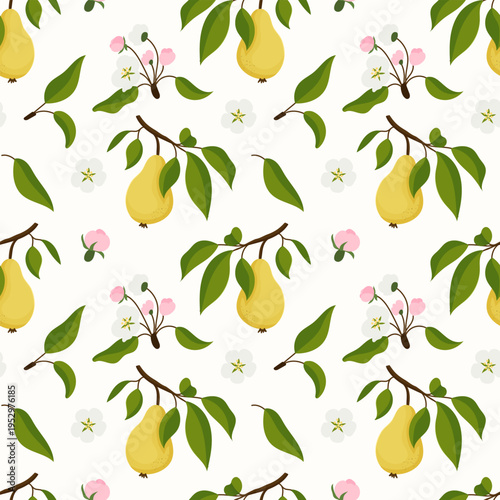 Delicate pears hang from leafy branches. Small white and pink blossoms scatter the scene. Green leaves frame each fruit with soft curves. Pattern repeats evenly across a clean white background