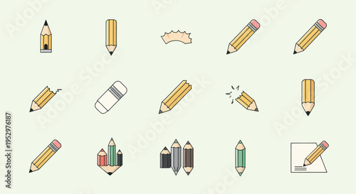 Collection of Hand-Drawn Pencils and Erasers in Various Poses.