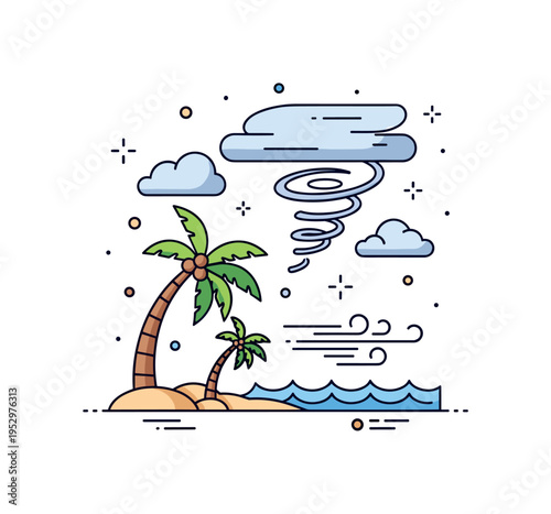 Coastal impact hurricane scene centered on simplified palm trees bending in strong wind beneath a spiral cloud, symbolizing vulnerability of shoreline regions