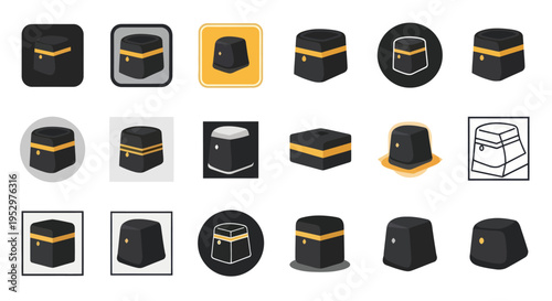 Diverse Kaaba and Kufi icons for Islamic pilgrimage and culture.