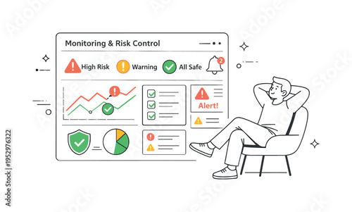 Monitoring and risk control. A dashboard with alert indicators and status checks observed by a relaxed analyst. The scene shows continuous oversight and