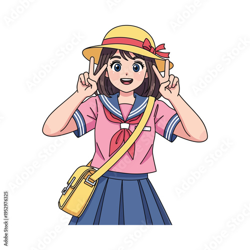 Cheerful schoolgirl in sailor outfit holding a small yellow bag and bow.